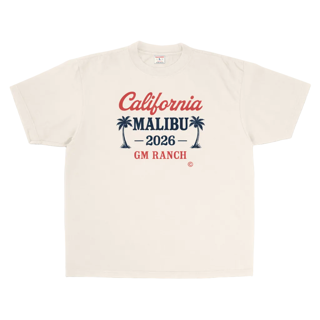 Beige t-shirt with 'California Malibu 2026 GM Ranch' text and palm tree graphics on a white background
