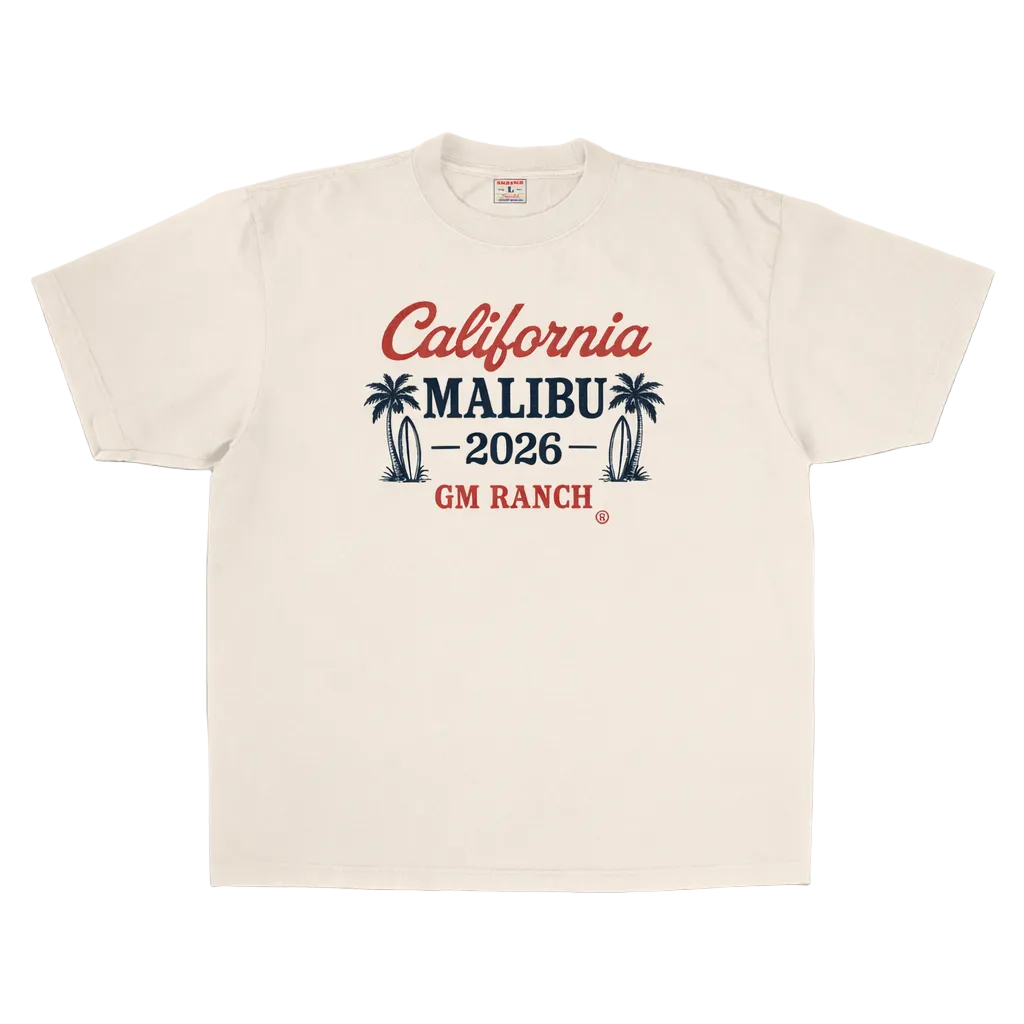 Beige t-shirt with 'California Malibu 2026 GM Ranch' text and palm tree graphics on a white background