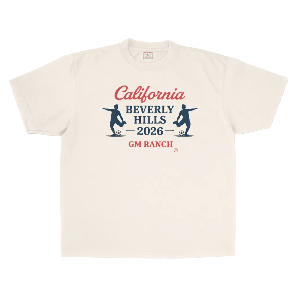 Beige t-shirt with 'California Beverly Hills 2026' text and graphics on a white background
