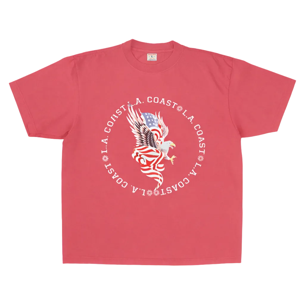 Red t-shirt with an eagle and American flag graphic on a white background