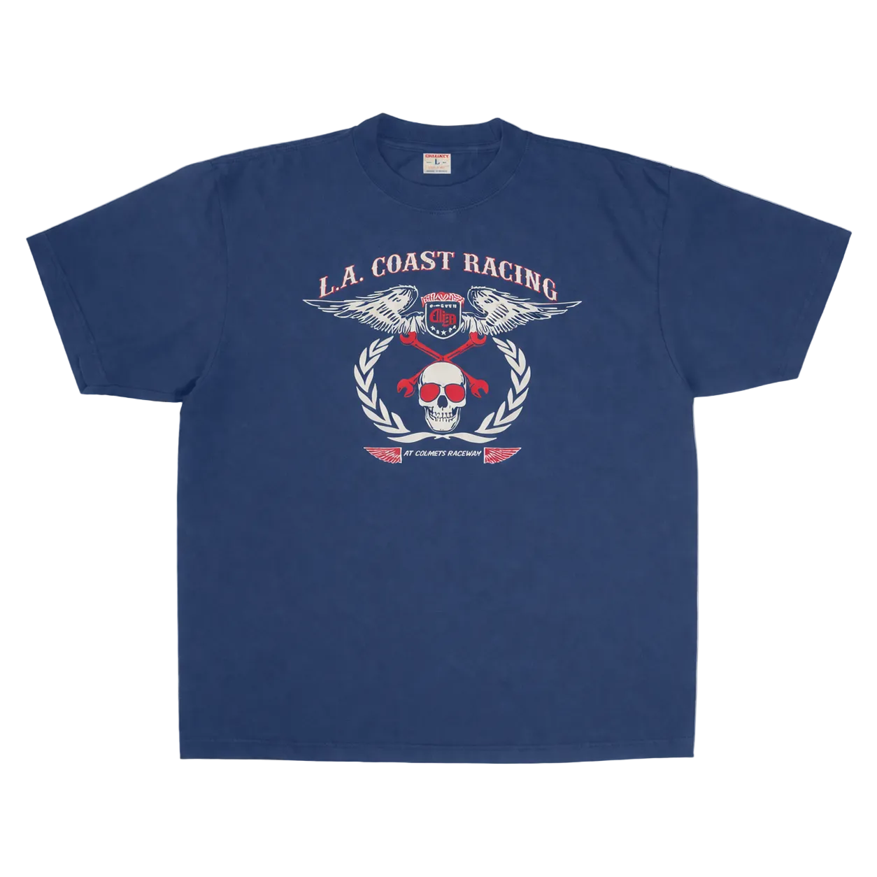 Blue t-shirt with 'L.A. Coast Racing' graphic design on a white background