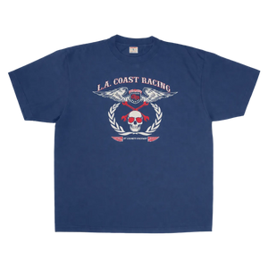 Blue t-shirt with 'L.A. Coast Racing' graphic design on a white background