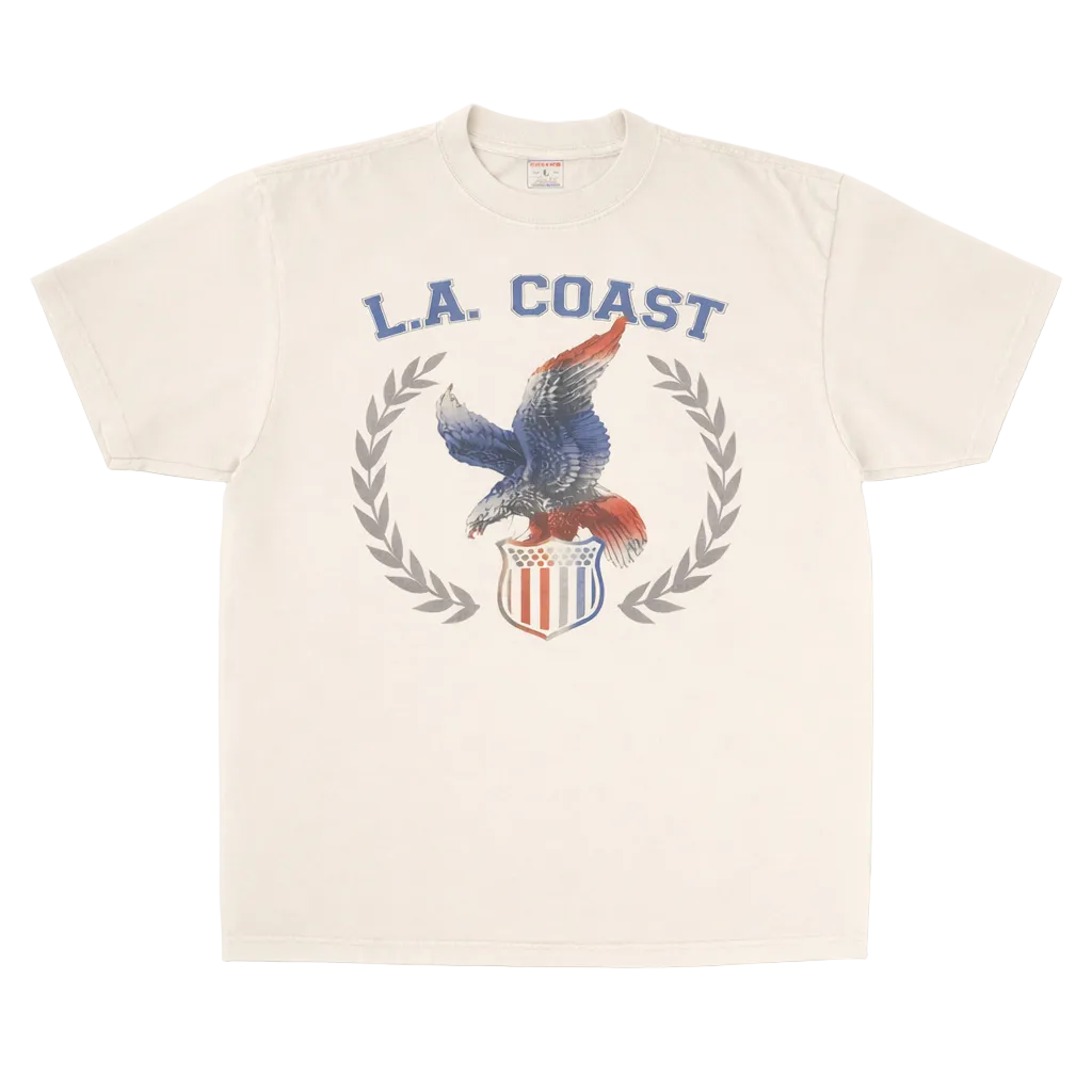Beige t-shirt with eagle graphic and 'L.A. Coast' text on a white background