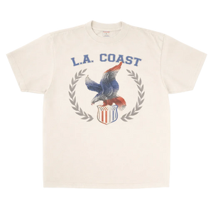 Beige t-shirt with eagle graphic and 'L.A. Coast' text on a white background