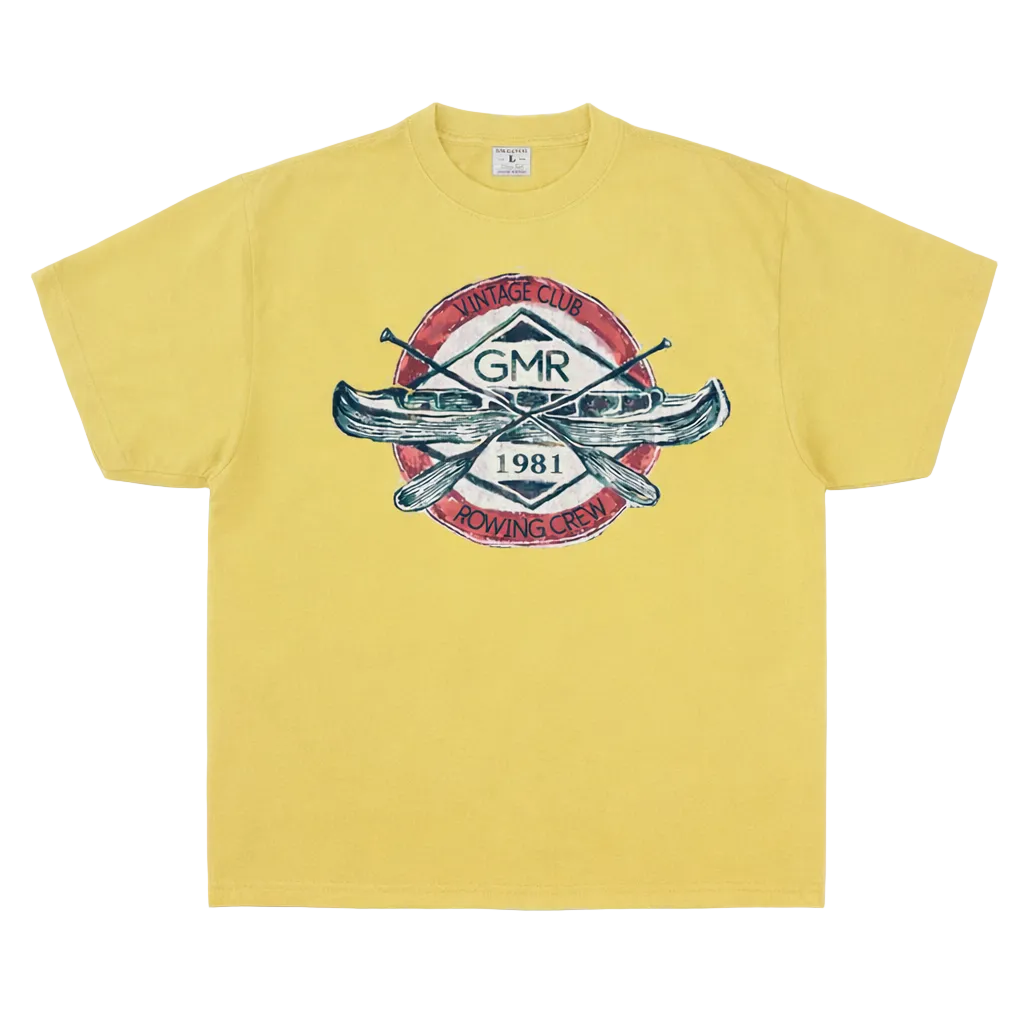 Yellow t-shirt with a graphic design of canoes and 'GMR Rowing Club 1981' text on a white background
