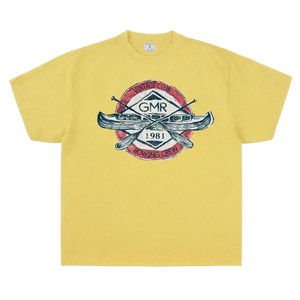 Yellow t-shirt with a graphic design of canoes and 'GMR Rowing Club 1981' text on a white background