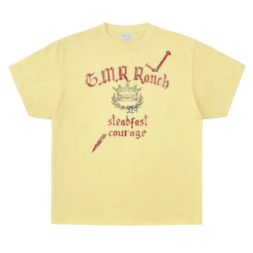 Yellow t-shirt with red text and graphics on a white background