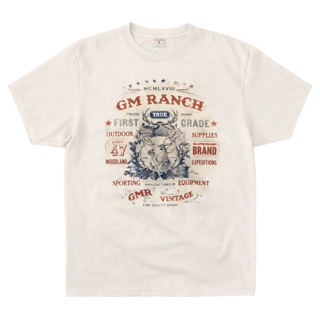 Beige t-shirt with vintage-style graphic design on a white background