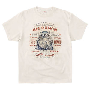 Beige t-shirt with vintage-style graphic design on a white background