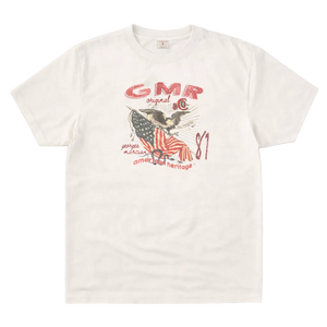 White t-shirt with graphic design featuring an eagle and American flag on a white background