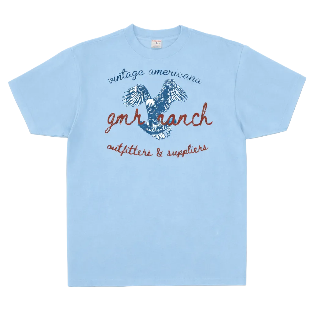 Light blue t-shirt with graphic design and text on a white background