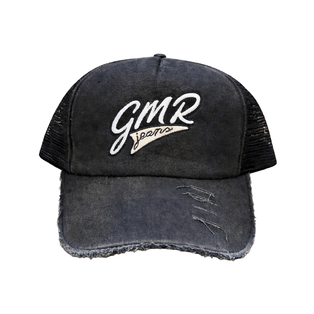 Black distressed trucker cap with 'GMR Jeans' logo on a white background
