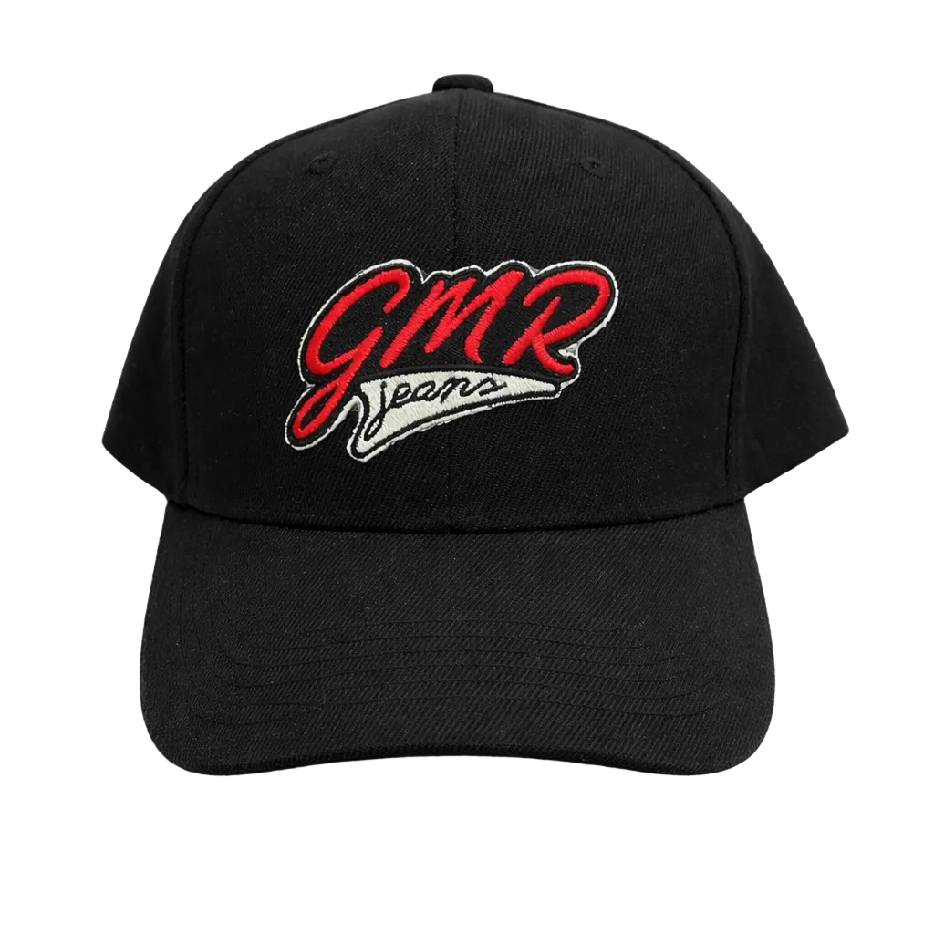 Black cap with red and white logo on a white background