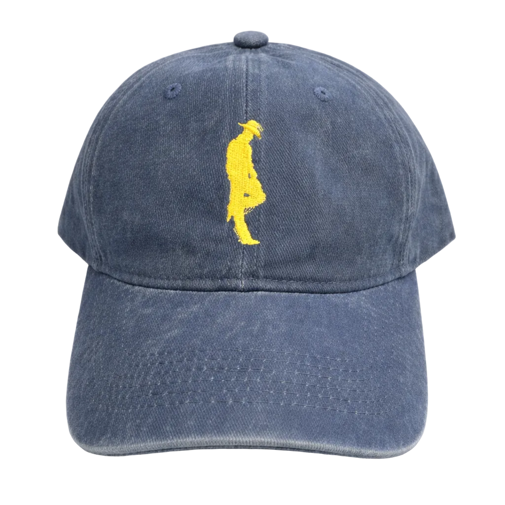 Blue cap with yellow graphic on a white background