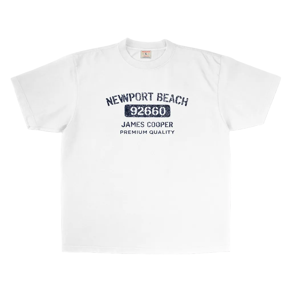 White t-shirt with text and logo on a white background