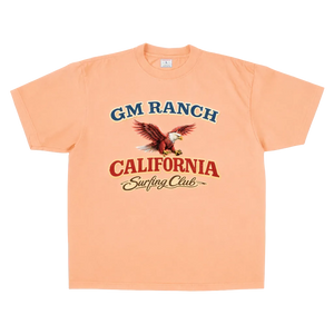 Peach-colored t-shirt with 'GM Ranch California Surfing Club' design featuring an eagle.