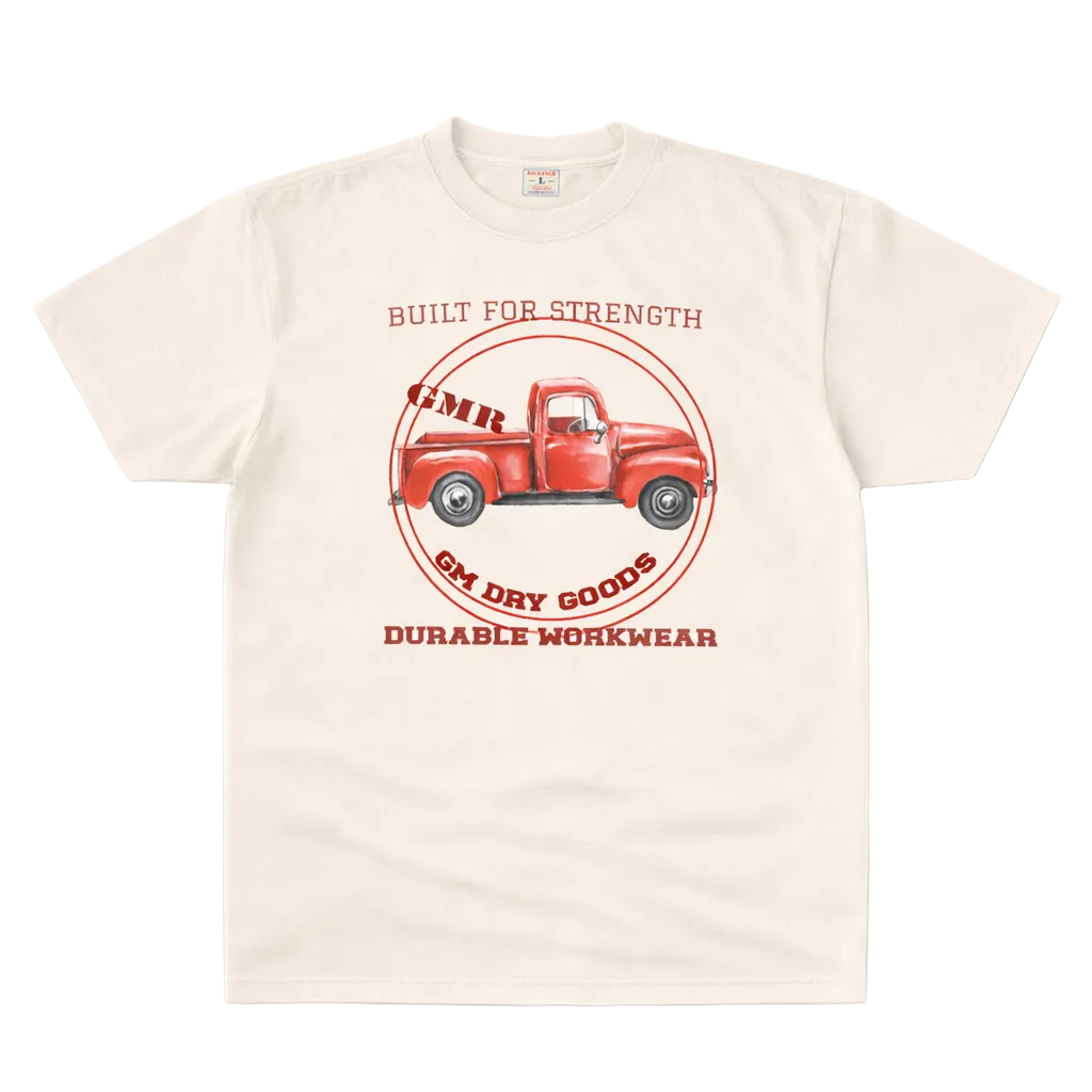 Beige t-shirt with red truck graphic and text on a white background
