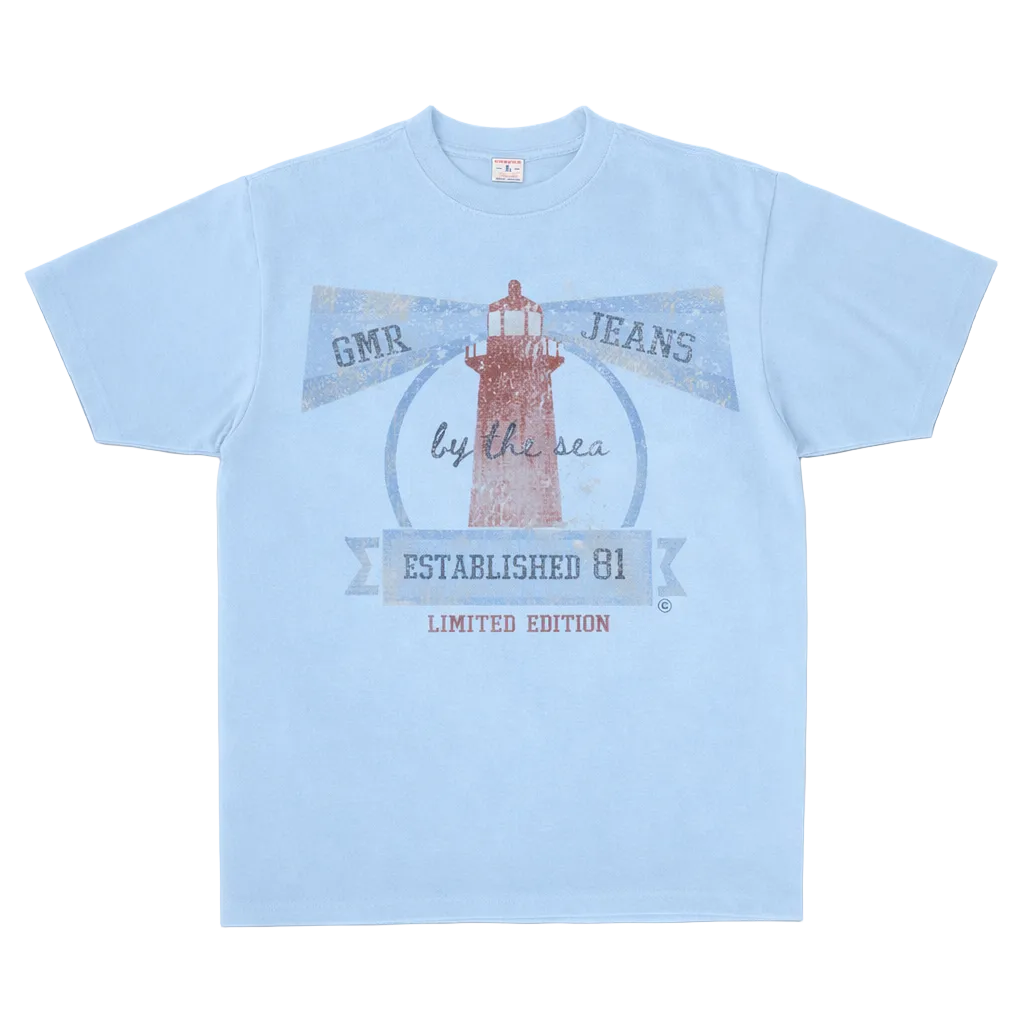 Light blue t-shirt with a lighthouse graphic and text on a white background
