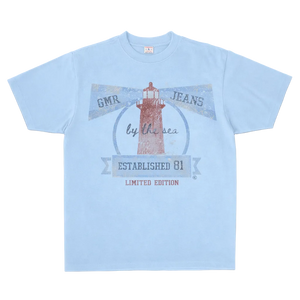 Light blue t-shirt with a lighthouse graphic and text on a white background