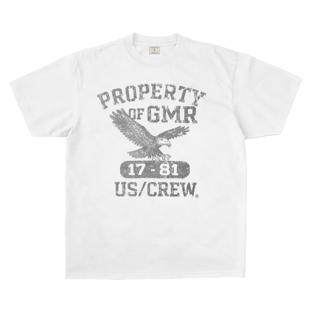 White t-shirt with gray graphic design featuring an eagle and text on a white background