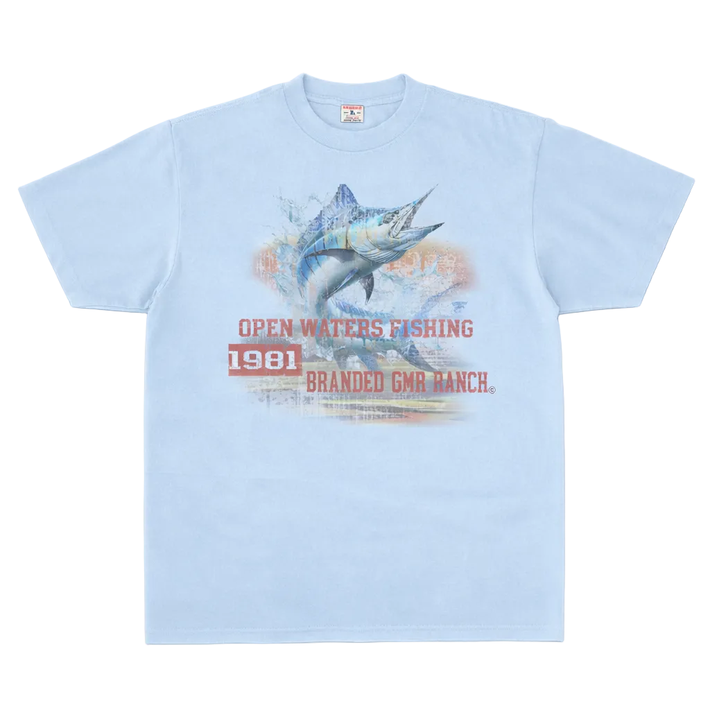 Light blue t-shirt with fishing graphic and text on a white background