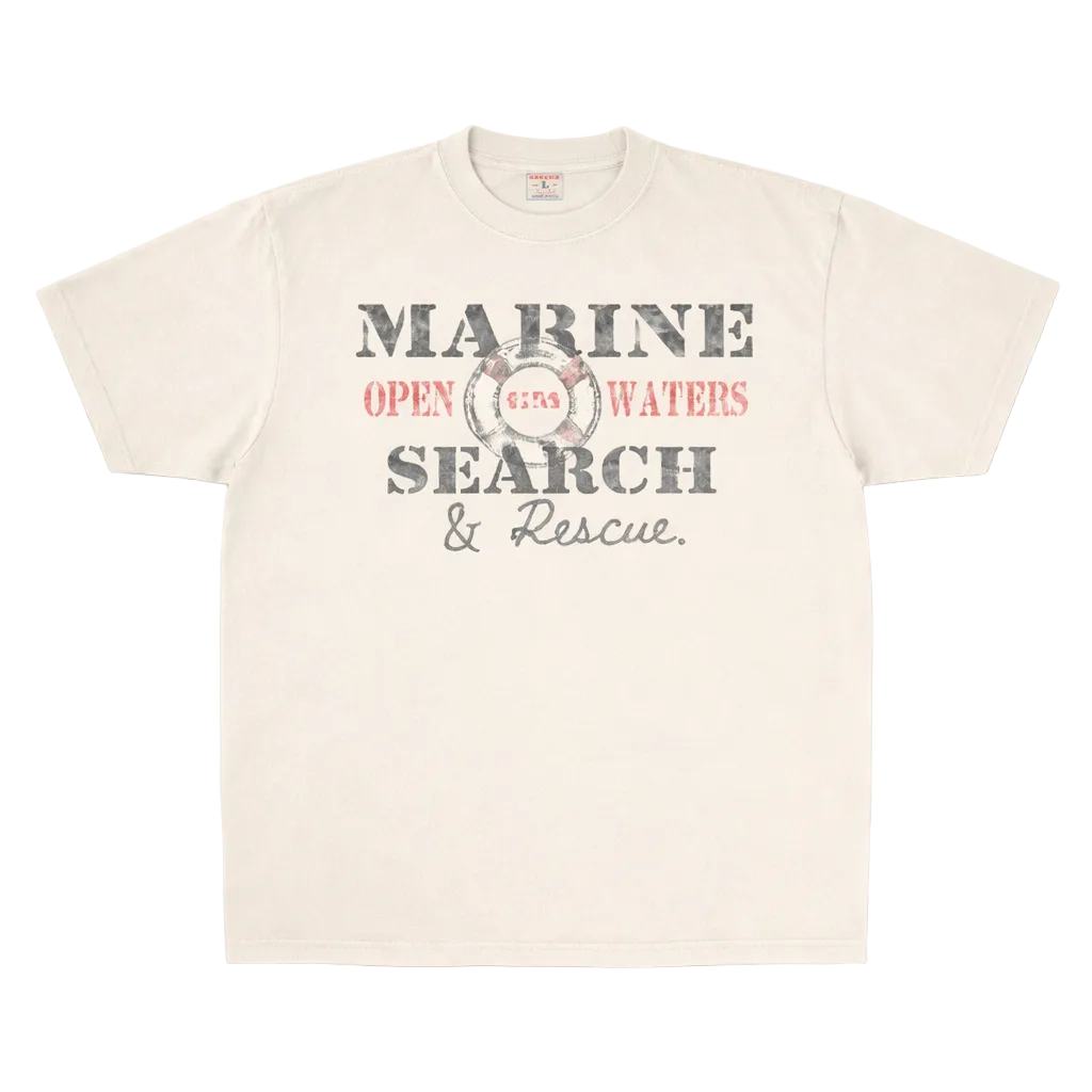 Beige t-shirt with 'Marine Open Waters Search & Rescue' text and graphic on a white background