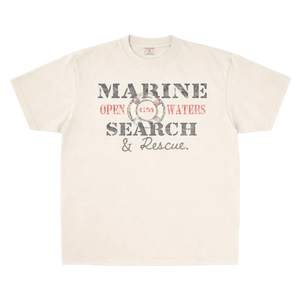 Beige t-shirt with 'Marine Open Waters Search & Rescue' text and graphic on a white background
