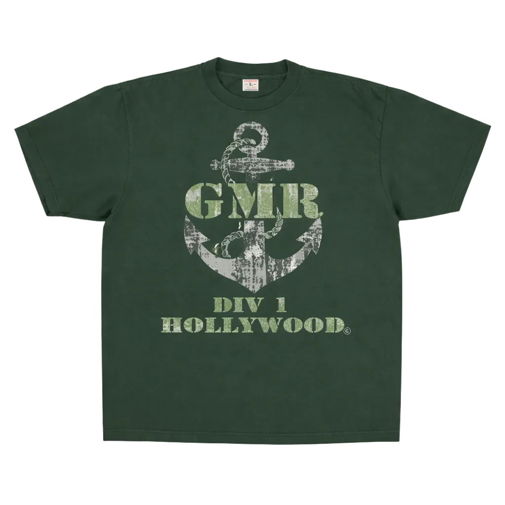 Green t-shirt with anchor design and text on a white background