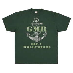 Green t-shirt with anchor design and text on a white background