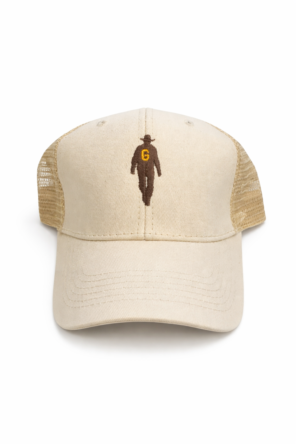 Beige cap with a brown embroidered design on a white background