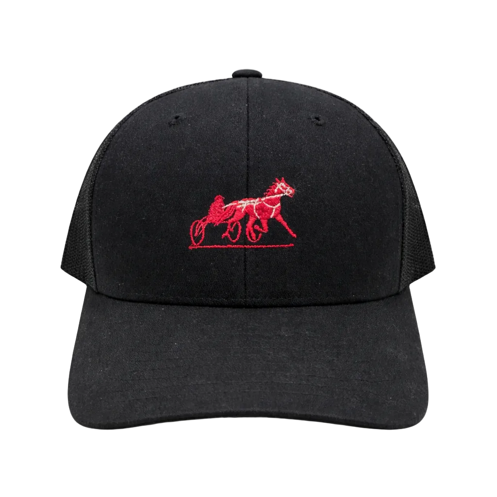 Black cap with red logo on a white background