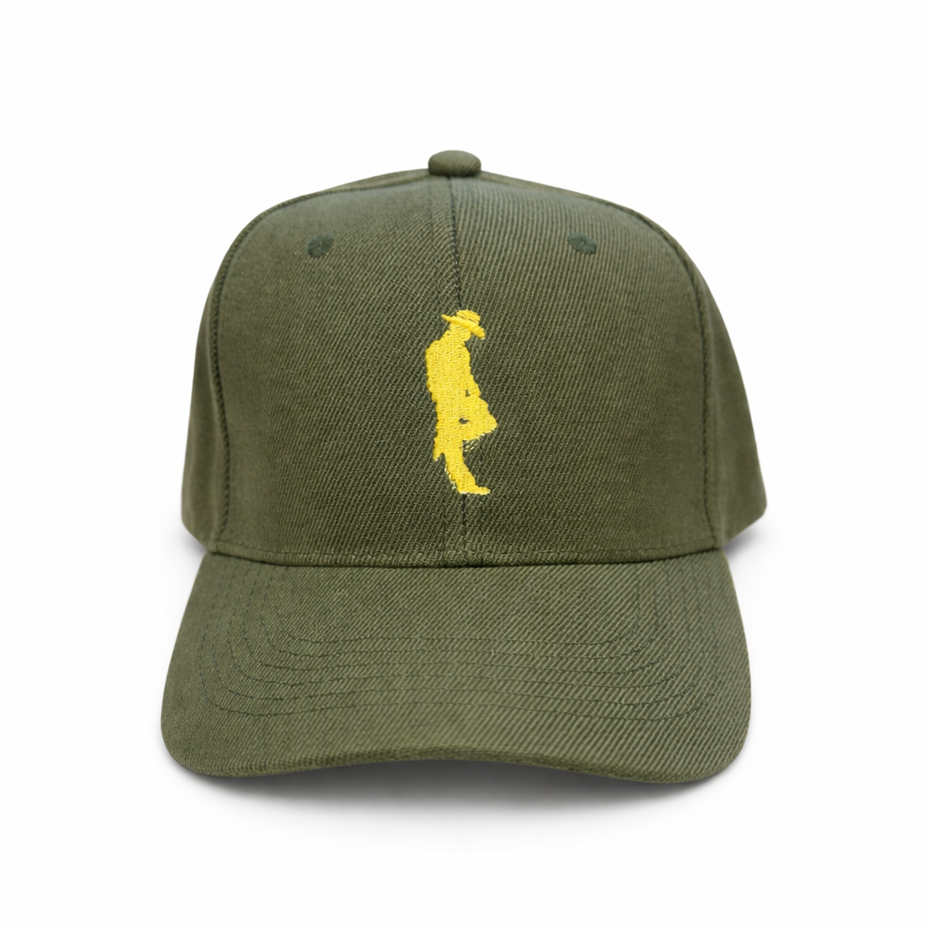 Green cap with a yellow embroidered design on a white background