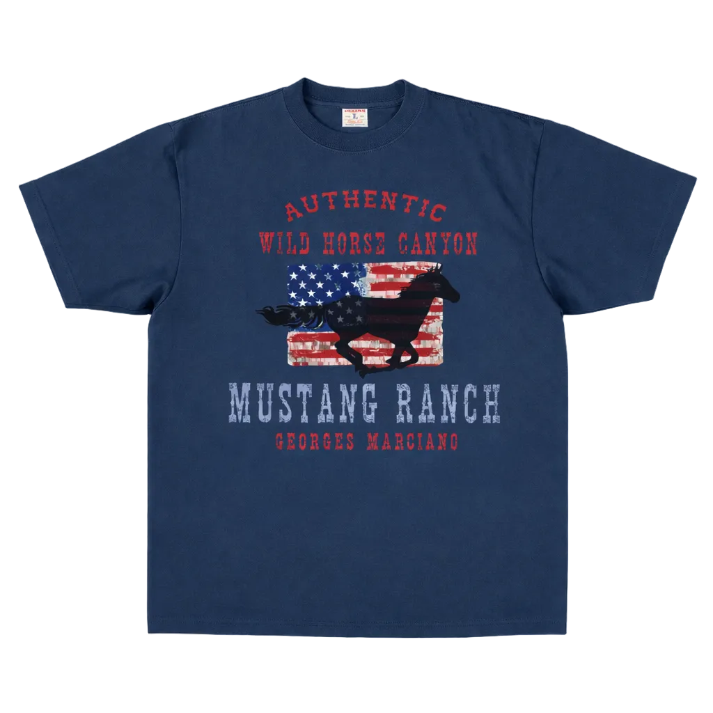 Navy blue t-shirt with graphic design featuring an American flag and horse silhouette on a white background