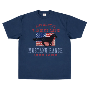 Navy blue t-shirt with graphic design featuring an American flag and horse silhouette on a white background