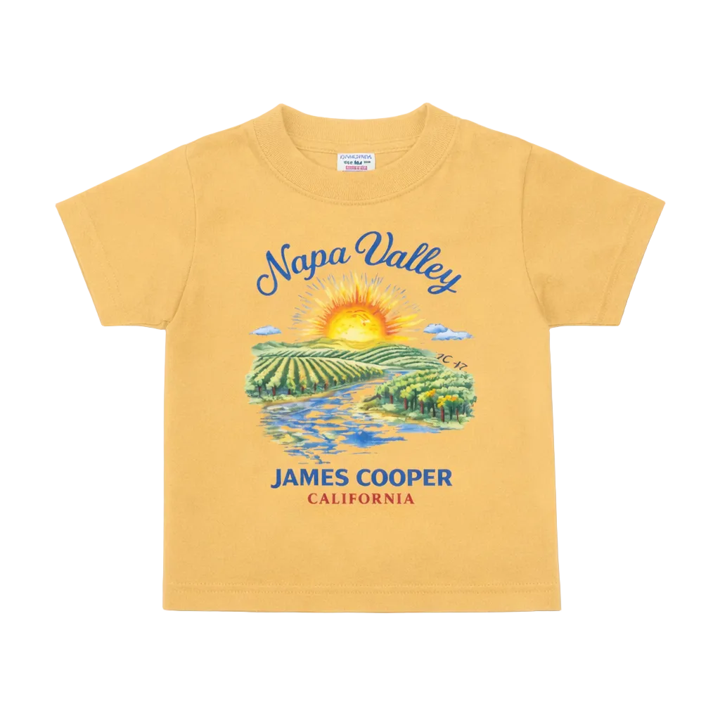 Yellow t-shirt with Napa Valley graphic design on a white background