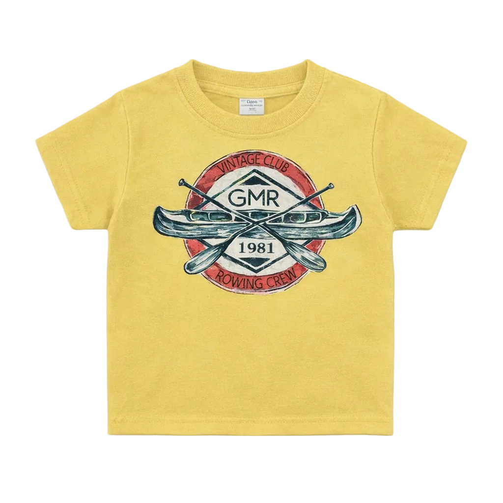 Yellow t-shirt with a vintage rowing club logo on a white background