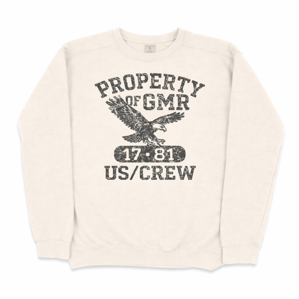Property of GMR US/Crew Crewneck Sweatshirt - Natural with distressed collegiate eagle graphic