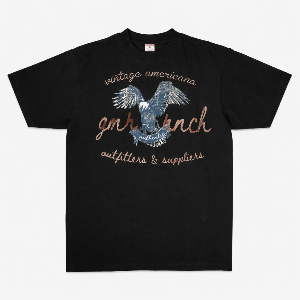 Black t-shirt with eagle graphic and text on a white background