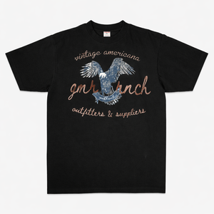 Black t-shirt with eagle graphic and text on a white background