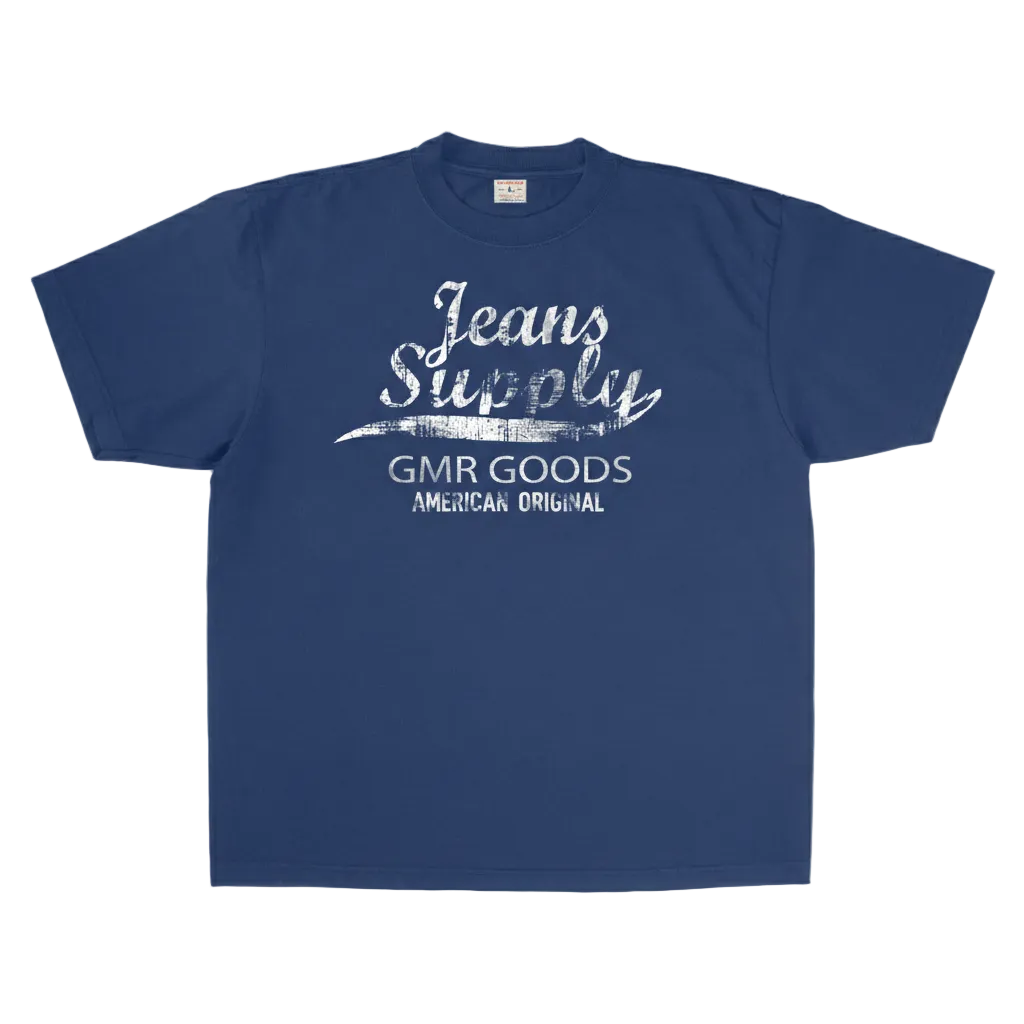 Blue t-shirt with white text on a white background