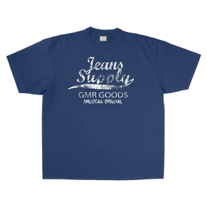 Blue t-shirt with white text on a white background