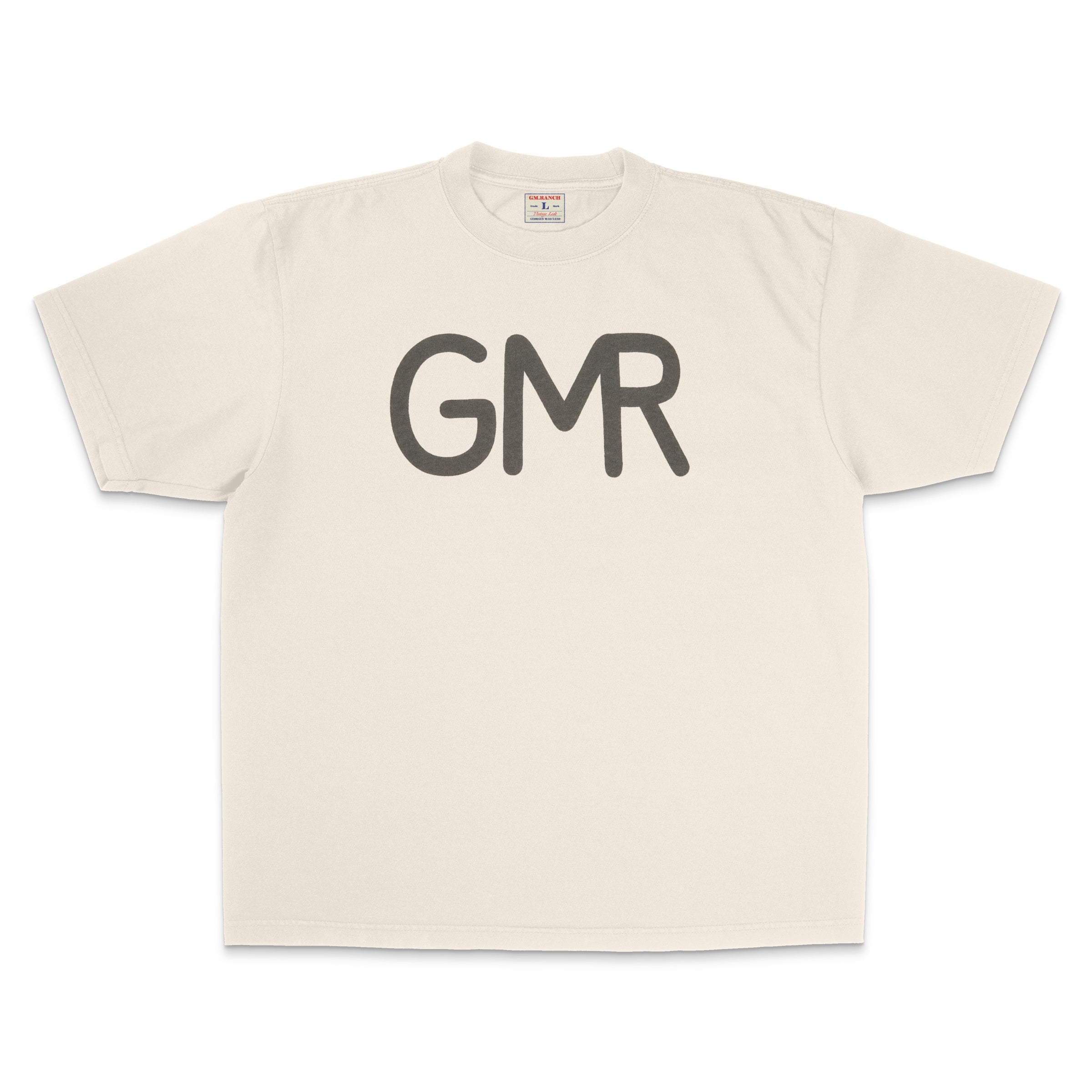 Beige t-shirt with 'GMR' printed on a white background