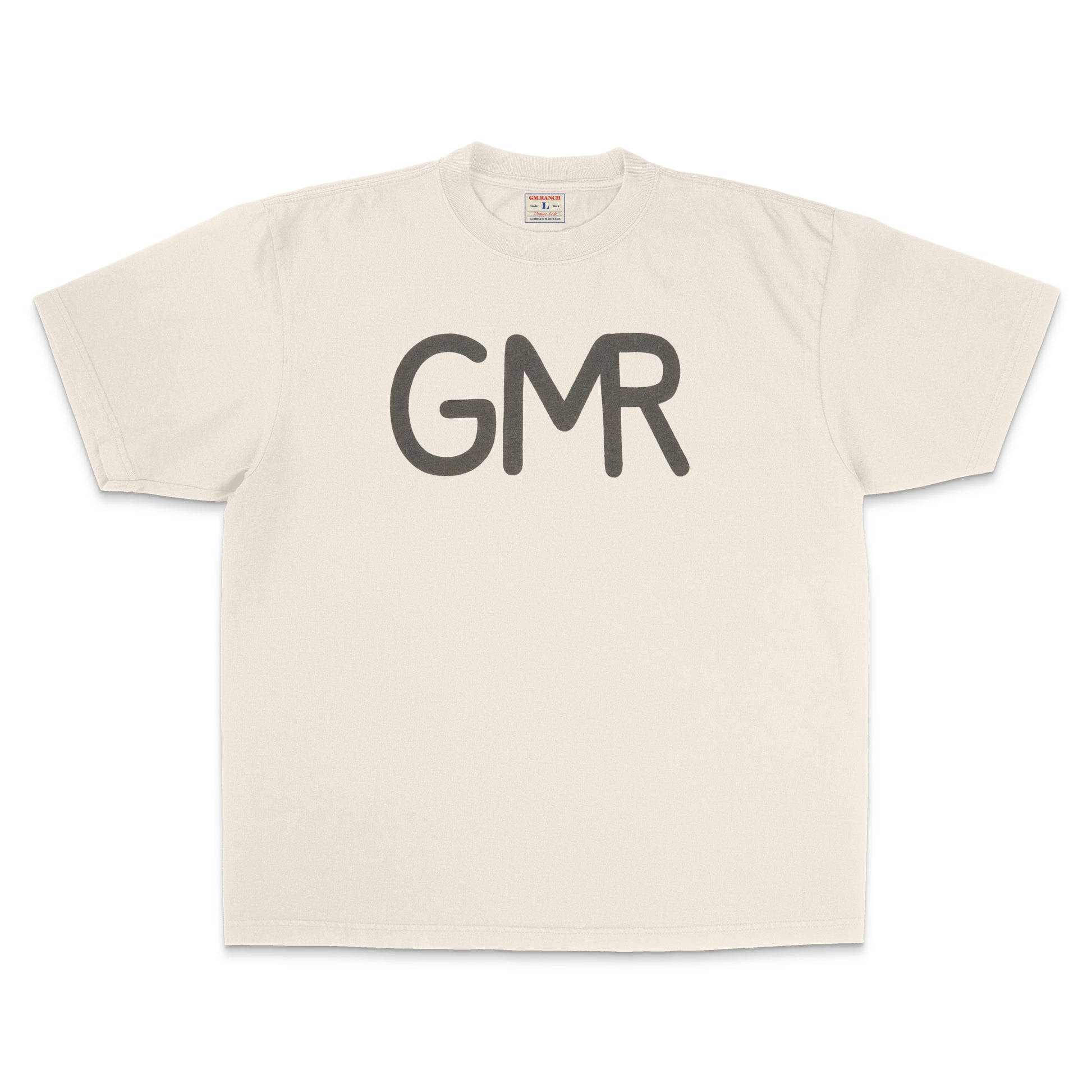 Beige t-shirt with 'GMR' printed on a white background