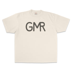 Beige t-shirt with 'GMR' printed on a white background