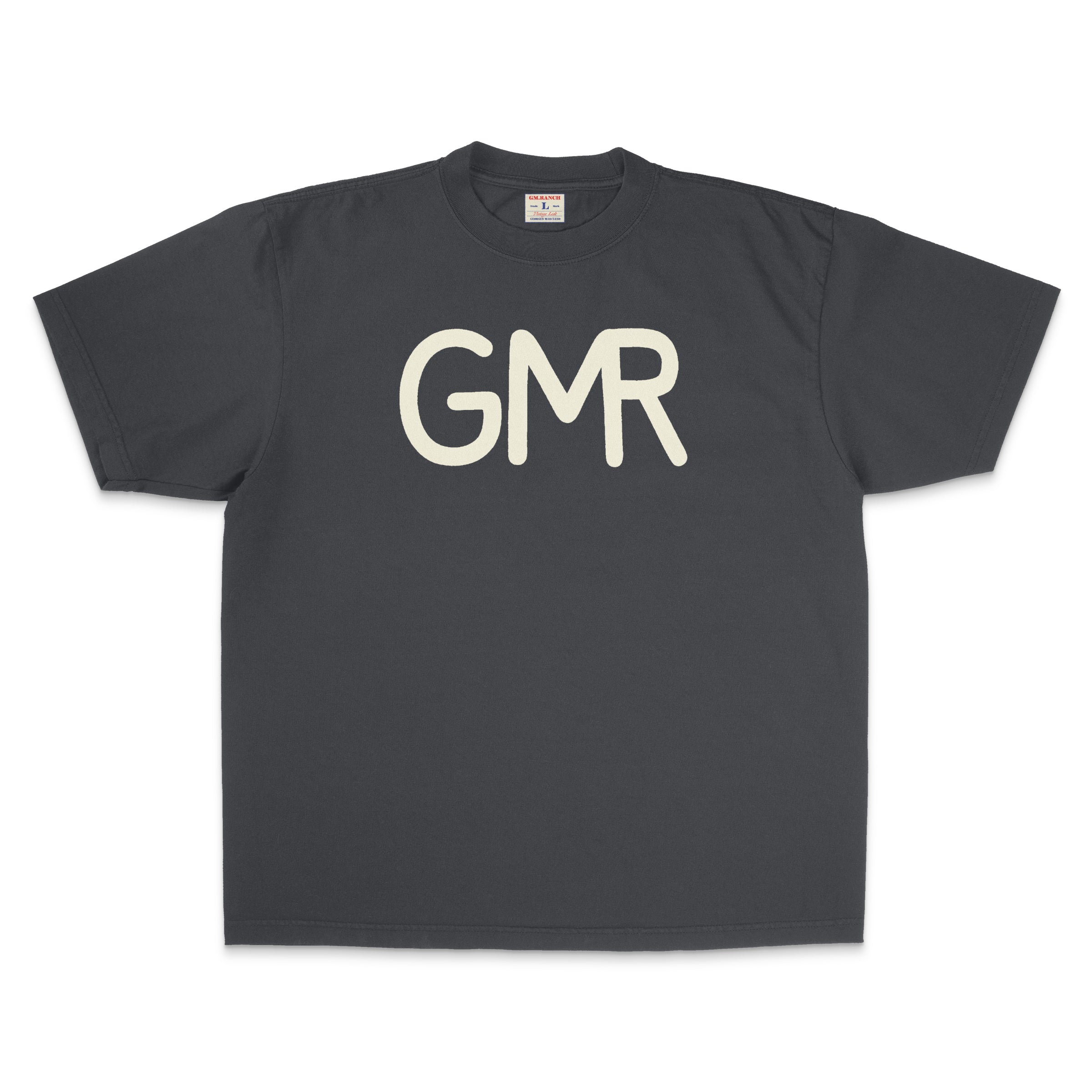 Black t-shirt with 'GMR' printed on it against a white background