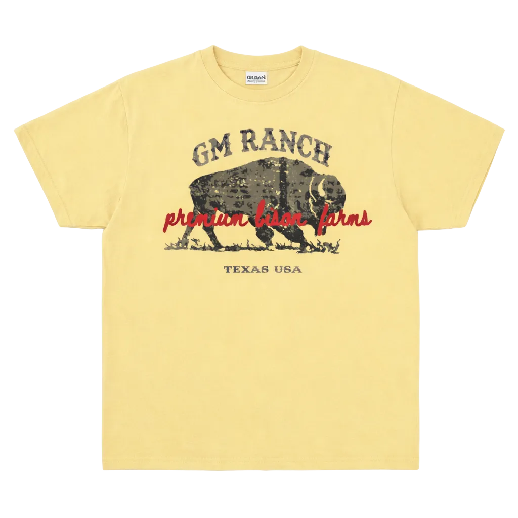 Yellow t-shirt with 'GM Ranch' and 'premium bison farms Texas USA' graphic on a white background