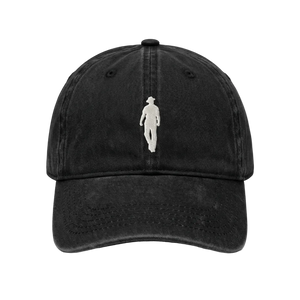 Black cap with a white embroidered design on a white background